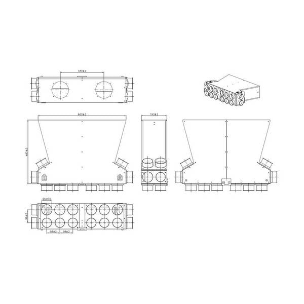 WOLF Luftverteiler DN125 für CWL-F-150 10 Stutzen DN75/63 mit 5 Rohrkappen