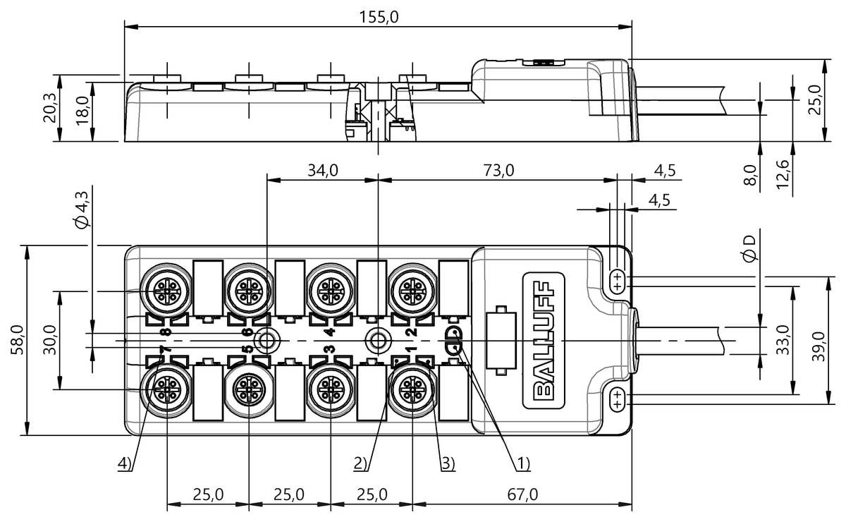 BALLUFF BPI 8M4A5P-2K-B0-KPXL0-200, Passive Verteiler, P/n: BPI00K1-1