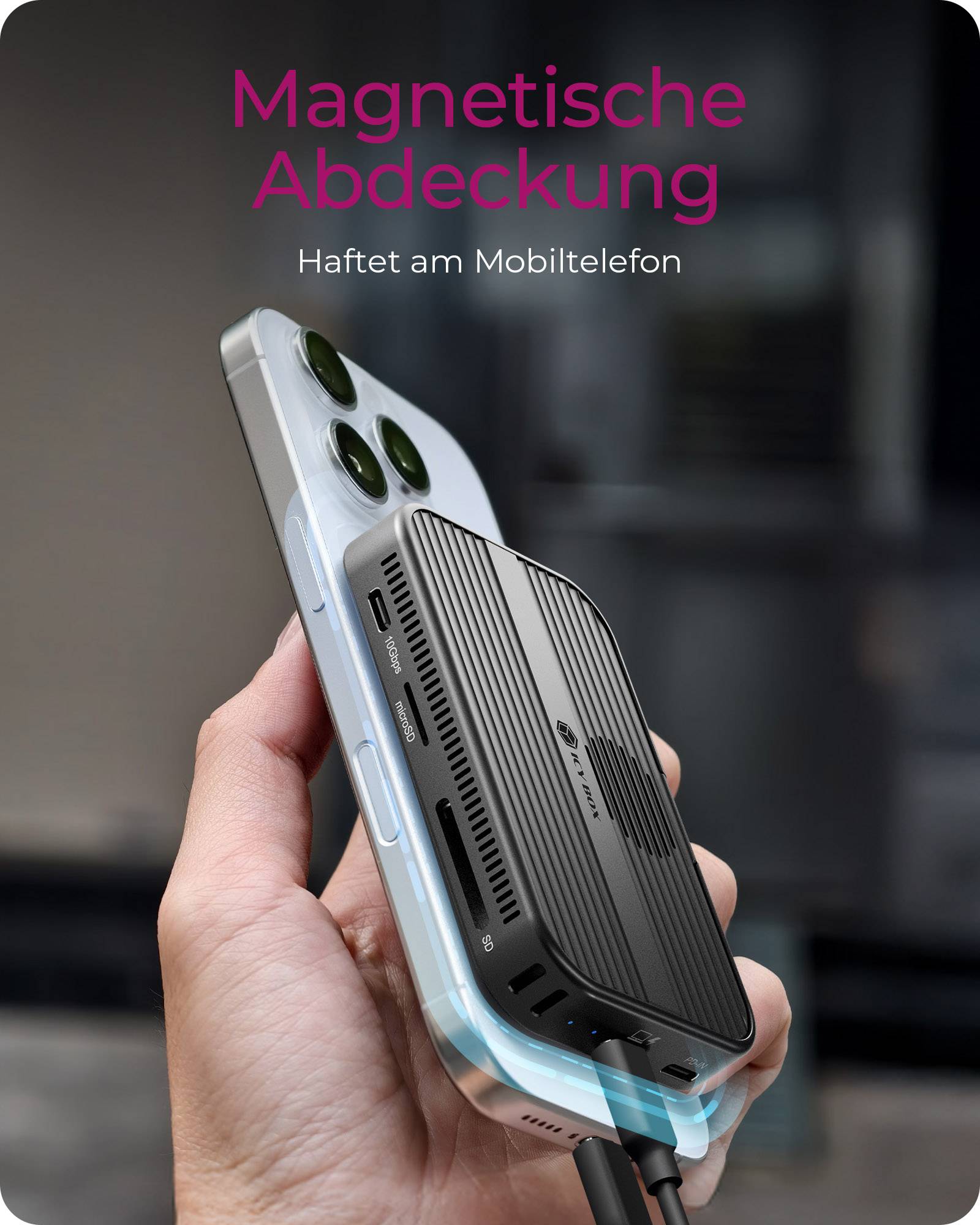 IB-DK4071M-CU31, 7 in 1 Docking m. Slot für M.2 NVME & SATA SSD, Host USB 3.2 Gen 2 Type-C+A 10 Gbit/s + Lüfter, Magnet-1