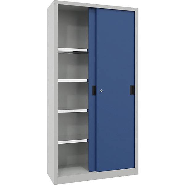 Schiebetürenschrank Höhe 1950 mm Vollblechtüren BxT 1000 x 400 mm mit 4 Fachböden Tür enzianblau. 84930349-1