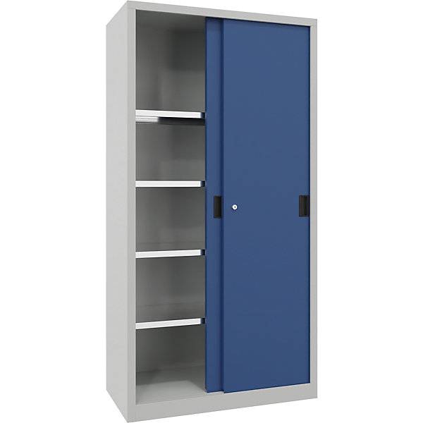 Schiebetürenschrank Höhe 1950 mm Vollblechtüren BxT 1000 x 500 mm mit 4 Fachböden Tür enzianblau. 84931349-1