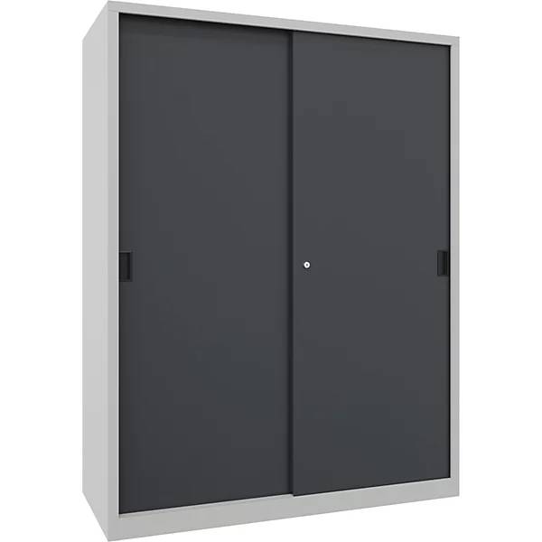 Schwerlast-Schiebetürenschrank Höhe 1950 mm Vollblechtüren BxT 1500 x 600 mm mit Trennwand und 2 x 4 Fachböden-1