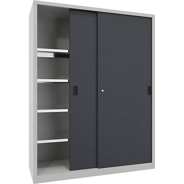 Schwerlast-Schiebetürenschrank Höhe 1950 mm Vollblechtüren BxT 1500 x 600 mm mit Trennwand und 2 x 4 Fachböden