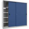 Schwerlast-Schiebetürenschrank Höhe 1950 mm Vollblechtüren BxT 2000 x 600 mm mit Trennwand und 2 x 4 Fachböden