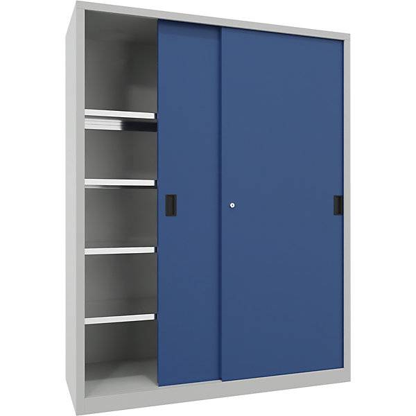 Schwerlast-Schiebetürenschrank Höhe 1950 mm Vollblechtüren BxT 1500 x 600 mm mit Trennwand und 2 x 4 Fachböden-0