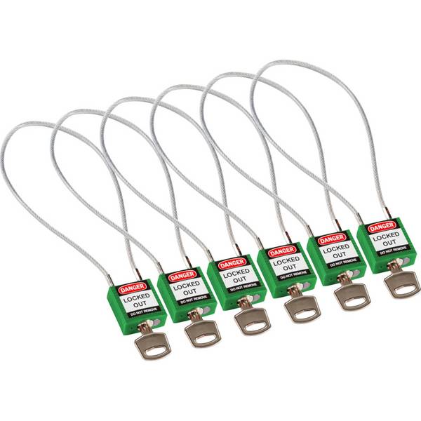 Brady, kompaktes Sicherheitsschloss Nylon mit Kabelbügel, Grün, 400mm Kabellänge, 4,7mm PVC-beschichtetes Kabel (Keyed