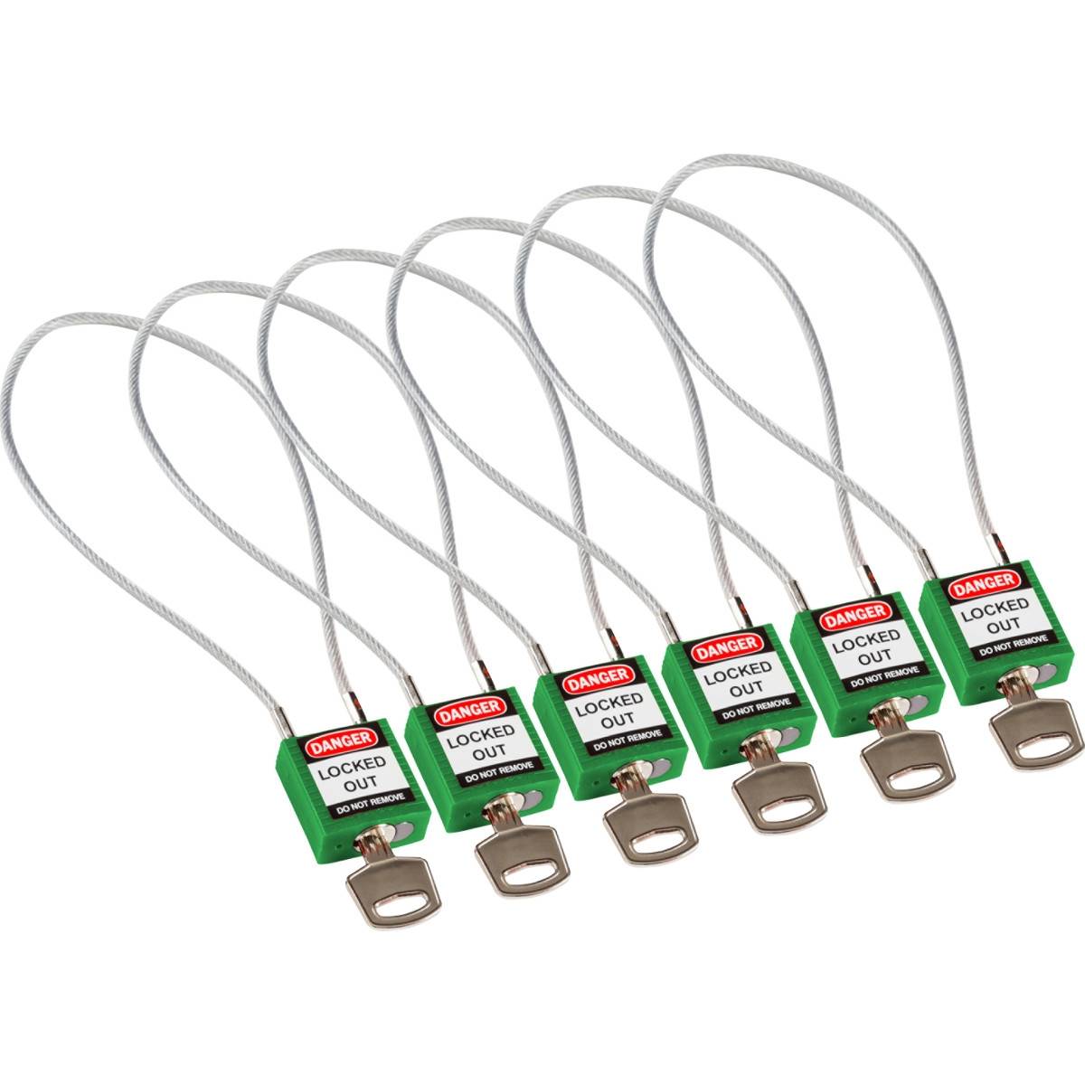 Brady, kompaktes Sicherheitsschloss Nylon mit Kabelbügel, Grün, 400mm Kabellänge, 4,7mm PVC-beschichtetes Kabel (Keyed-0