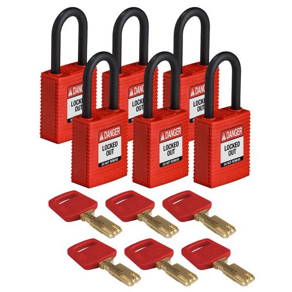 Brady, Safekey Nylon-Sicherheitsschloss mit Nylonbügel, Rot, 38 mm Bügelhöhe, 6.4 mm Bügeldurchmesser (Keyed Different)