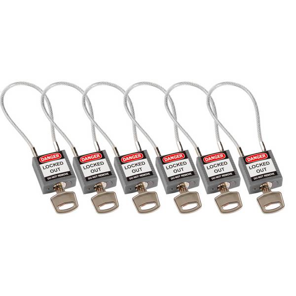Brady, kompaktes Sicherheitsschloss Nylon mit Kabelbügel, Grau, 200mm Kabellänge, 4,7mm PVC-beschichtetes Kabel (Keyed