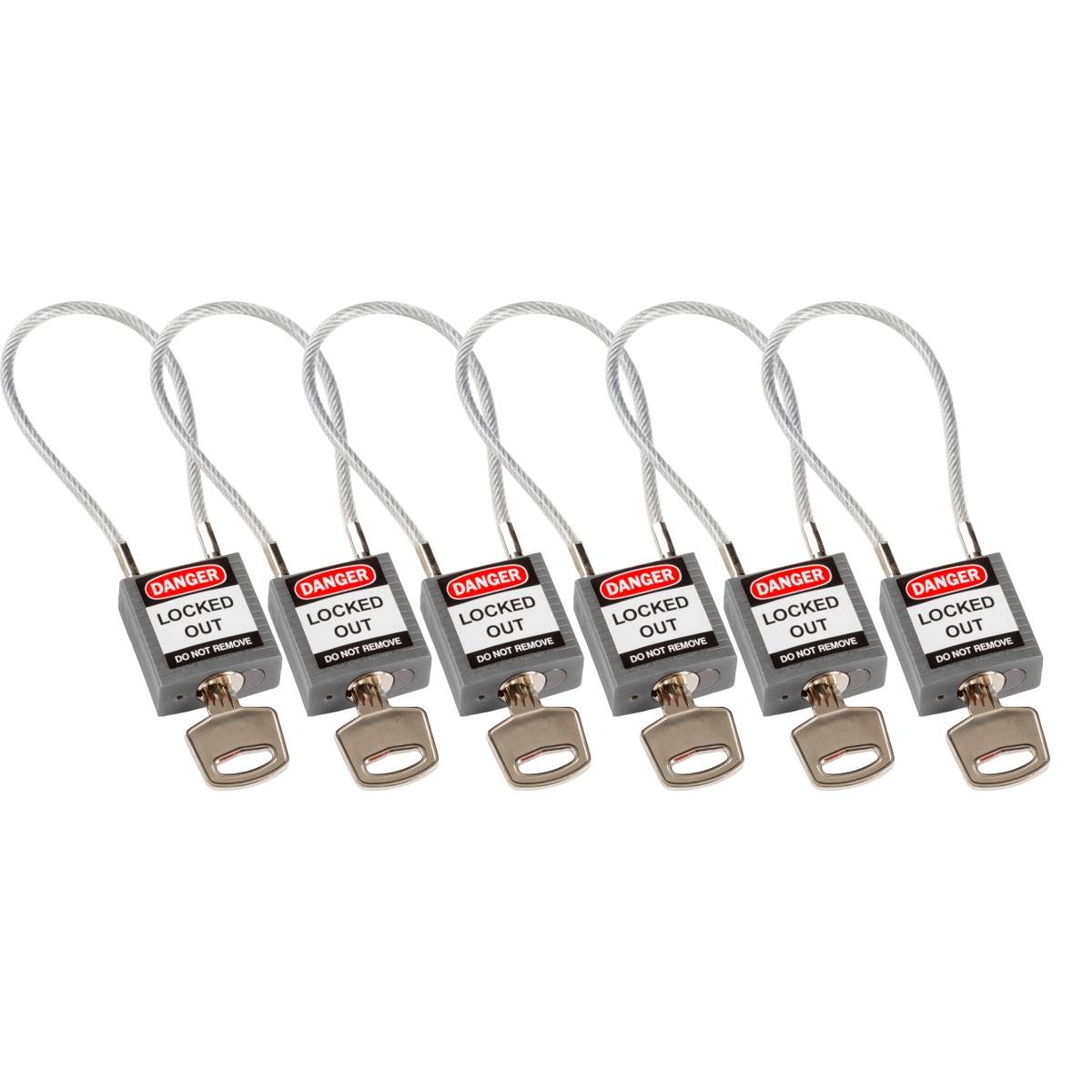 Brady, kompaktes Sicherheitsschloss Nylon mit Kabelbügel, Grau, 200mm Kabellänge, 4,7mm PVC-beschichtetes Kabel (Keyed-0