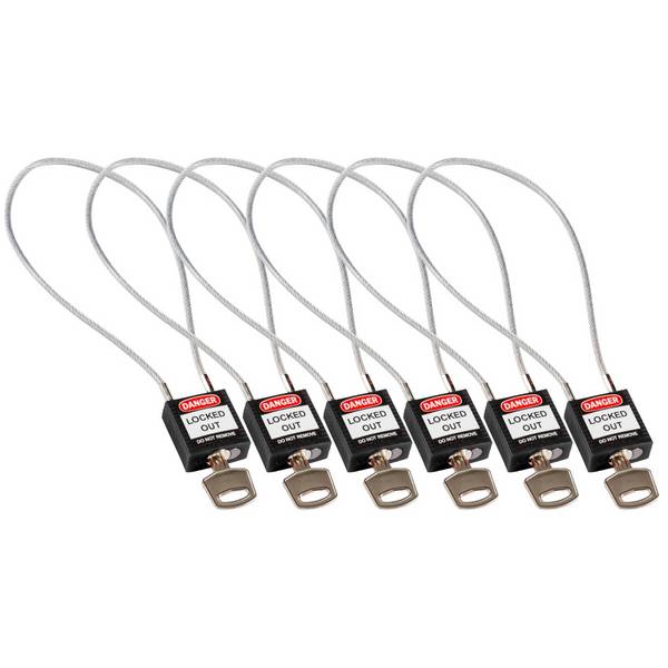 Brady, kompaktes Sicherheitsschloss Nylon mit Kabelbügel, Schwarz, 400mm Kabellänge, 4,7mm PVC-beschichtetes Kabel