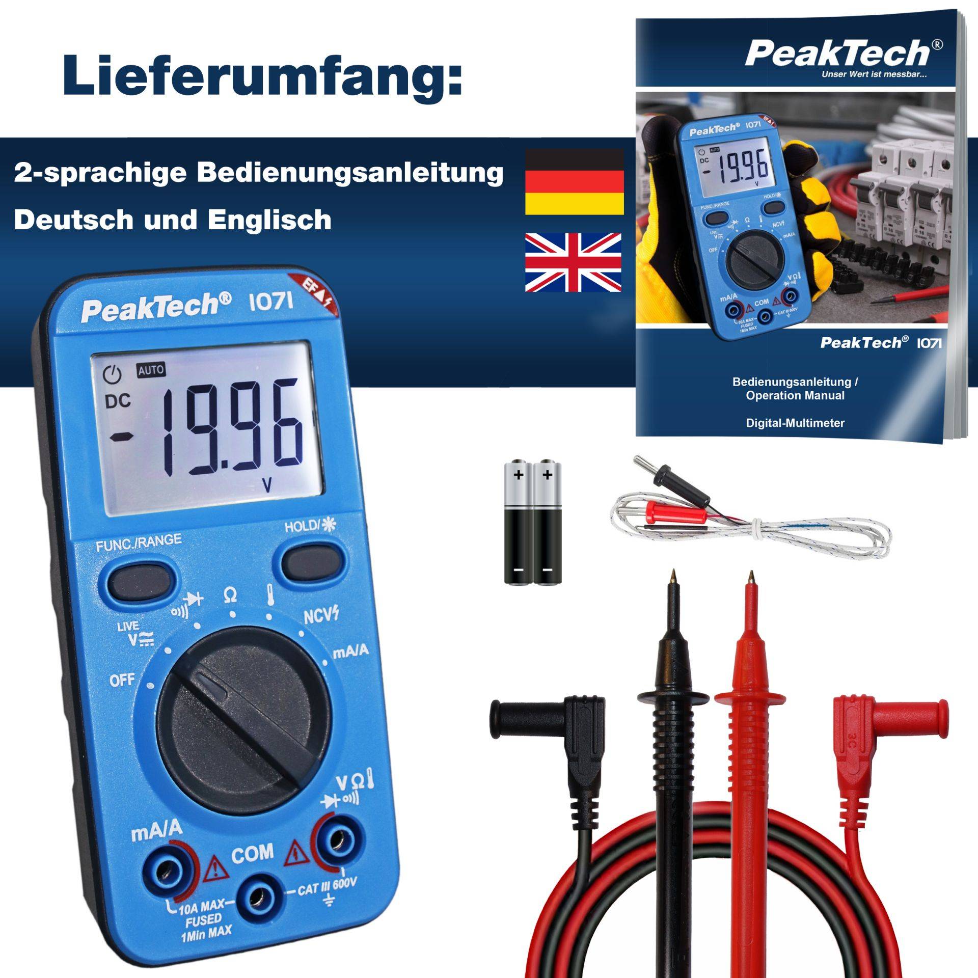 PeakTech P 1071 – Digitalmultimeter ~ 2.000 Counts ~ 600V AC/DC ~10A AC/DC ~ mit NCV-2