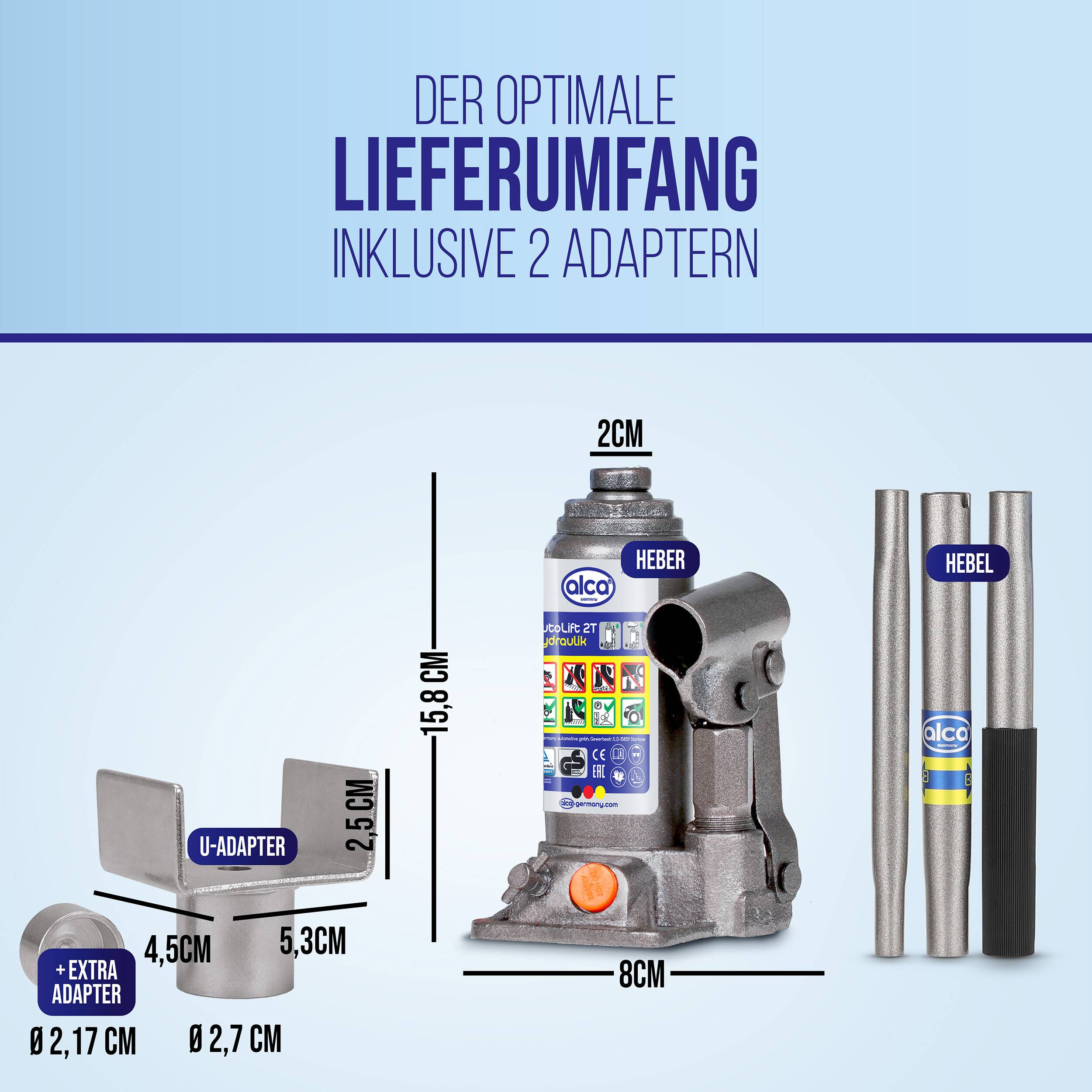 alca® Wagenheber Set hydraulisch 2 t, inkl. U-Adapter, 158-308 mm Hubhöhe kompakter Stempelheber aus Stahl,-3