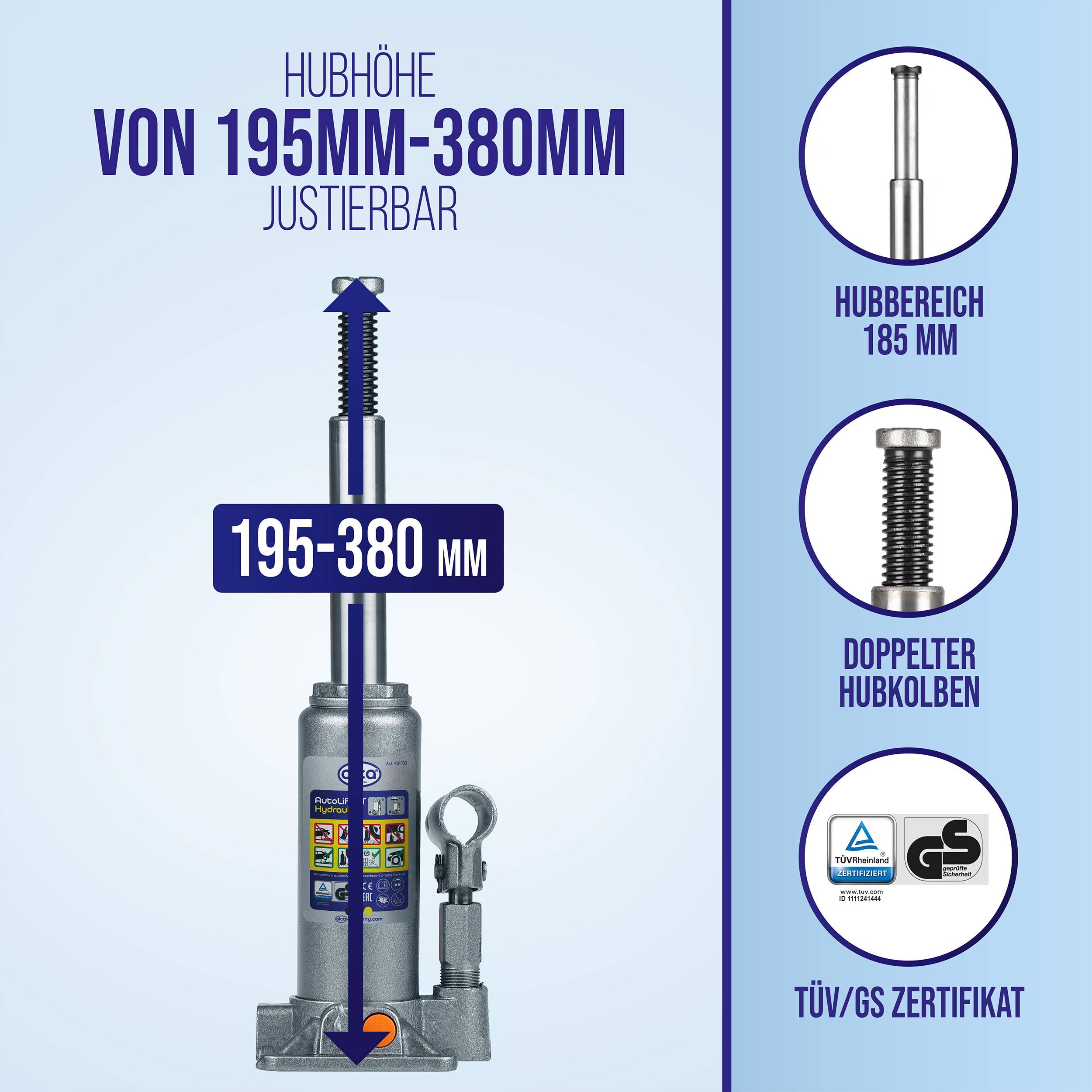 alca® Wagenheber hydraulisch 3 t 195-380 mm Hubhöhe, im Koffer Stempelheber aus Stahl, Unterstellheber mit-4