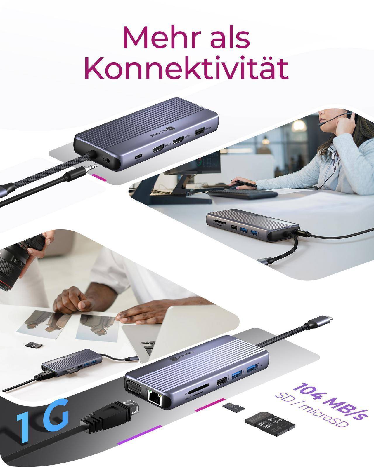IB-DK4062-CPD, USB C DockingStation 12 in 1, triple display, 2x HDMI 4K60Hz, 1x VGA, Giga LAN, 4x USB Datenports-3