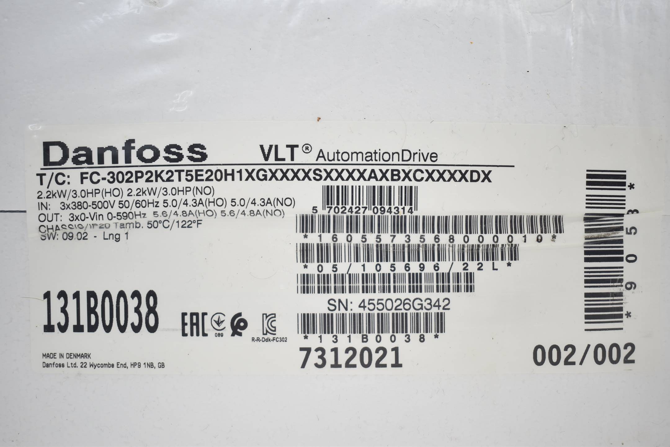 Danfoss VLT FC-302P2K2T5E20H1XGXXXXSXXXXAXBXCXXXXDX ( 131B0038 )-1