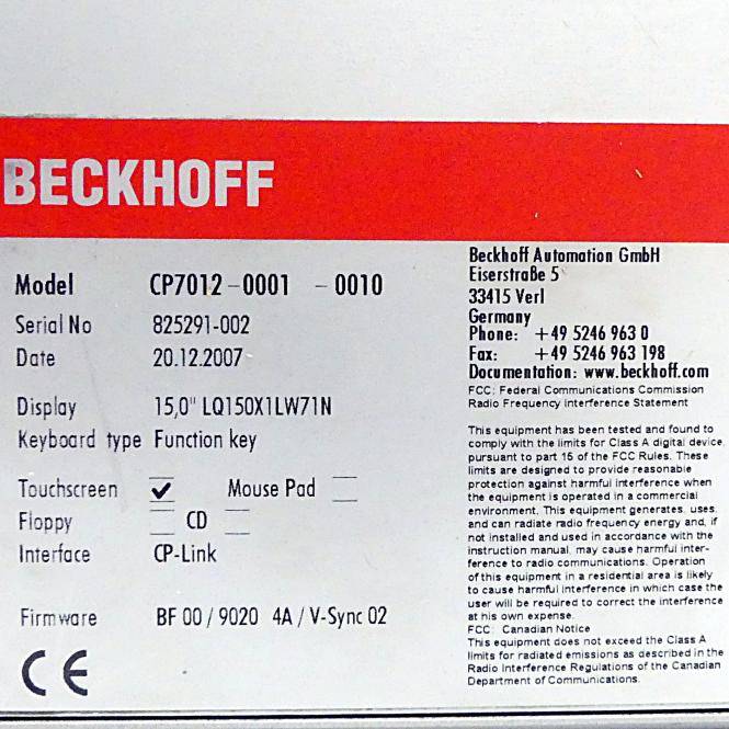 BECKHOFF BEDIENFELD 15 ZOLL TFT DISPLAY HMI TOUCHSCREEN (CP7012-0001-0010)-1