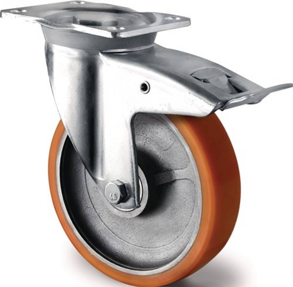 Schwerlastlenkrolle D.160mm Trgf.800kg Totalfesteller Guß-PU