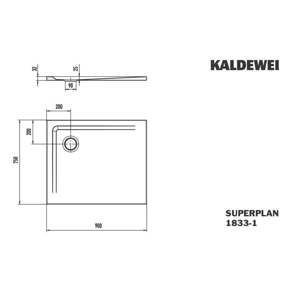 Kaldewei Duschwanne Superplan Rechteckig 32/25x900x750mm d. 90mm Alpinweiß/Weiß, m. IG o. PEFF, Wannenträger-2