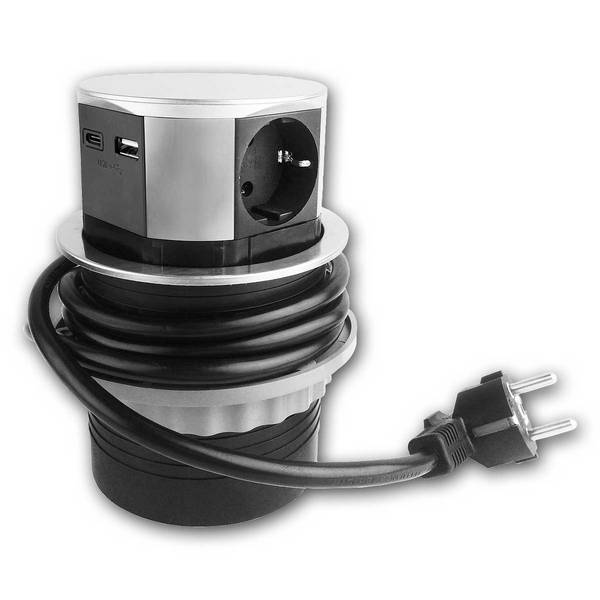 ChiliTec - Tisch-Einbausteckdose versenkbar Edelstahl USB-A&C