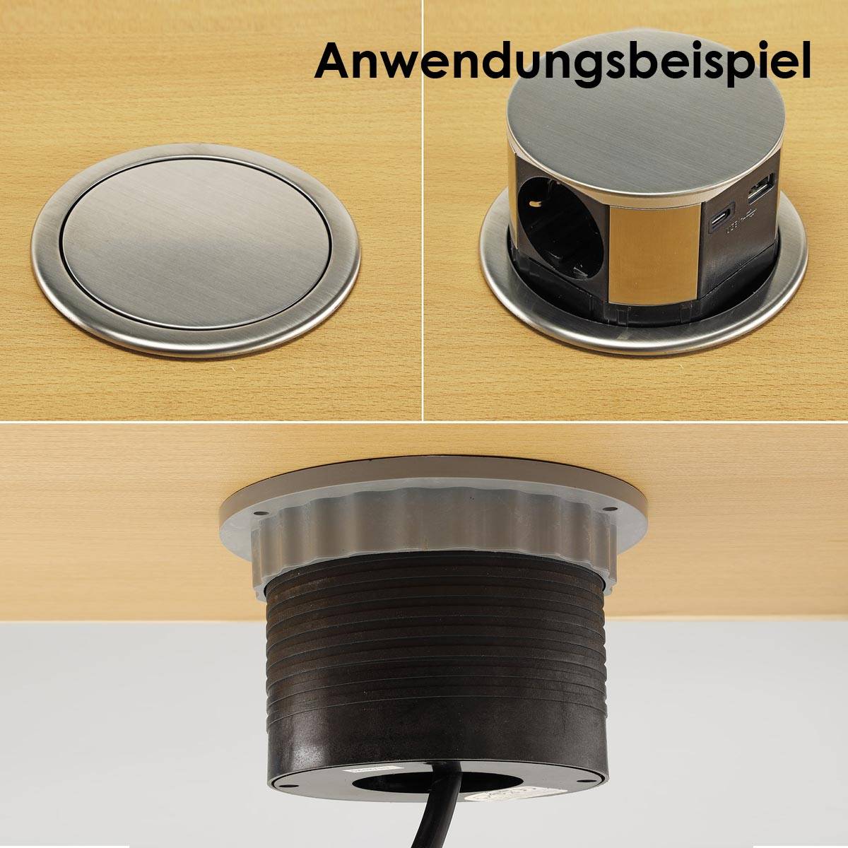 ChiliTec - Tisch-Einbausteckdose versenkbar Edelstahl USB-A&C-3