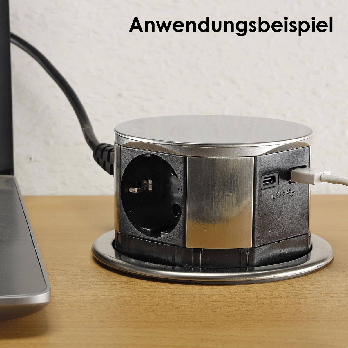 ChiliTec - Tisch-Einbausteckdose versenkbar Edelstahl USB-A&C-4