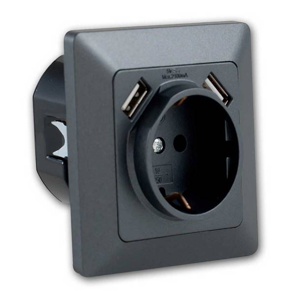 ChiliTec - MILOS Steckdose mit 2x USB 1A anthrazit mit Rahmen