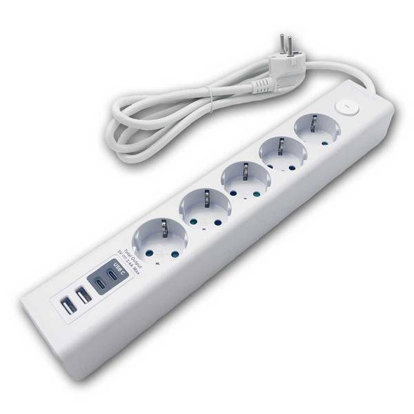 Steckdosenleiste mit Ladebuchsen für USB USB-A /USB-C,5-fach, weiß, 1,5m Kabel