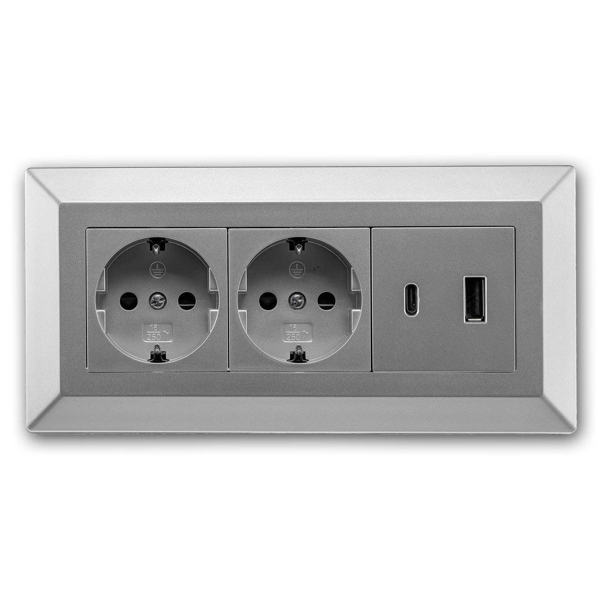 ChiliTec - 2-fach Steckdosenblock USB-A&C, silber 250V~/ 16A-1