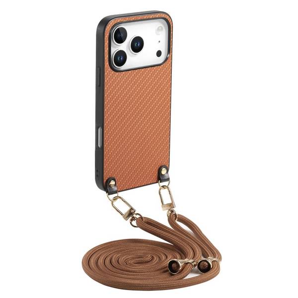 Carbon Textur Design Leder Hülle mit Umhängeband Braun für Apple iPhone 17 Pro Max