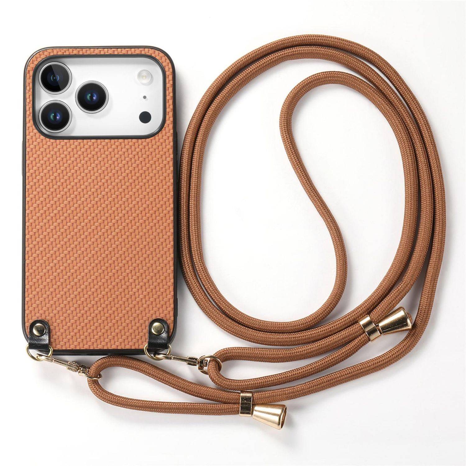Carbon Textur Design Leder Hülle mit Umhängeband Braun für Apple iPhone 17 Pro Max-1