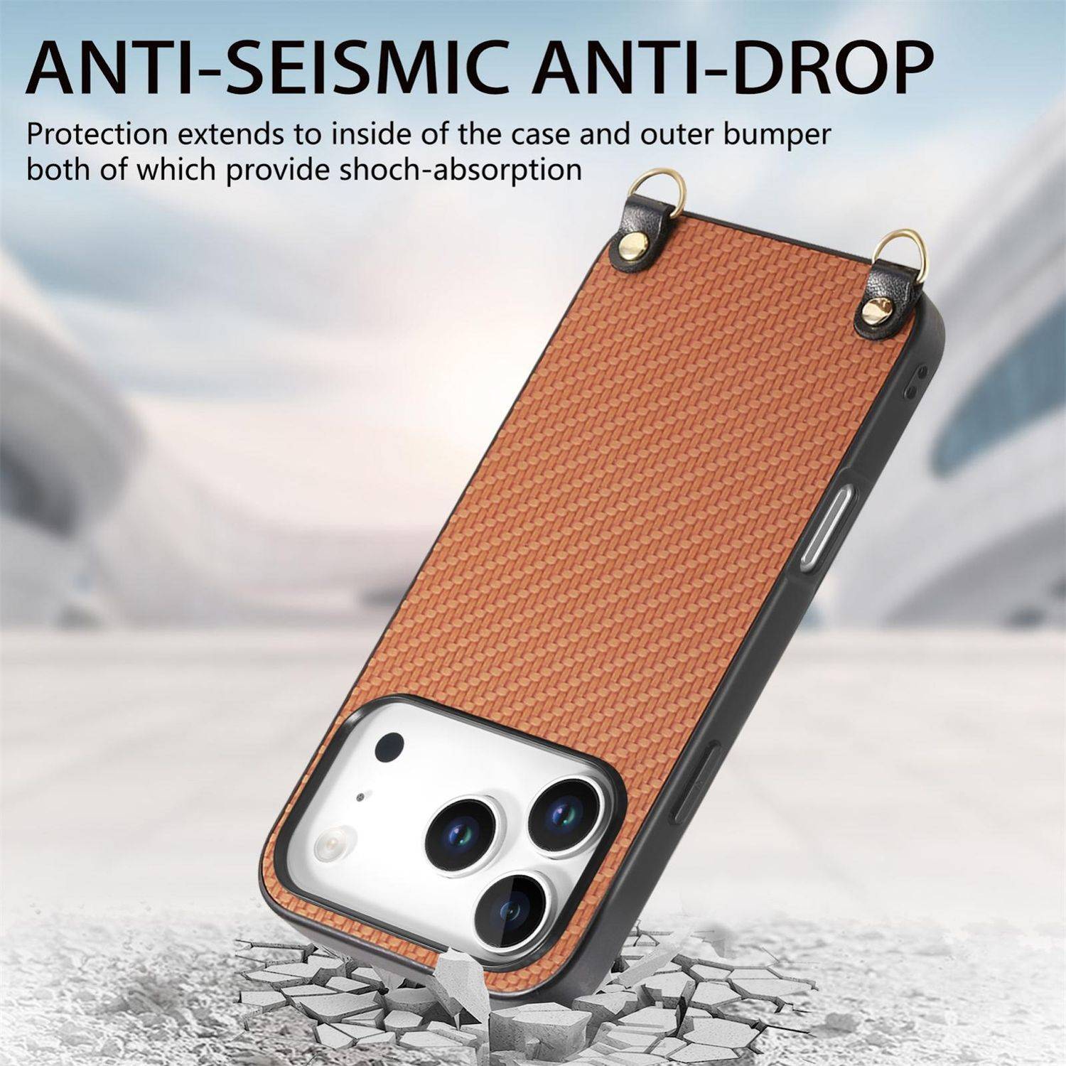 Carbon Textur Design Leder Hülle mit Umhängeband Braun für Apple iPhone 17 Pro Max-2