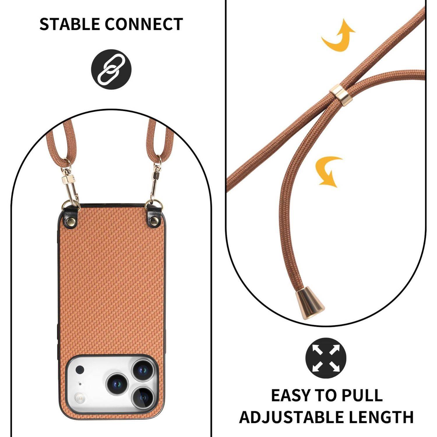 Carbon Textur Design Leder Hülle mit Umhängeband Braun für Apple iPhone 17 Pro Max-3