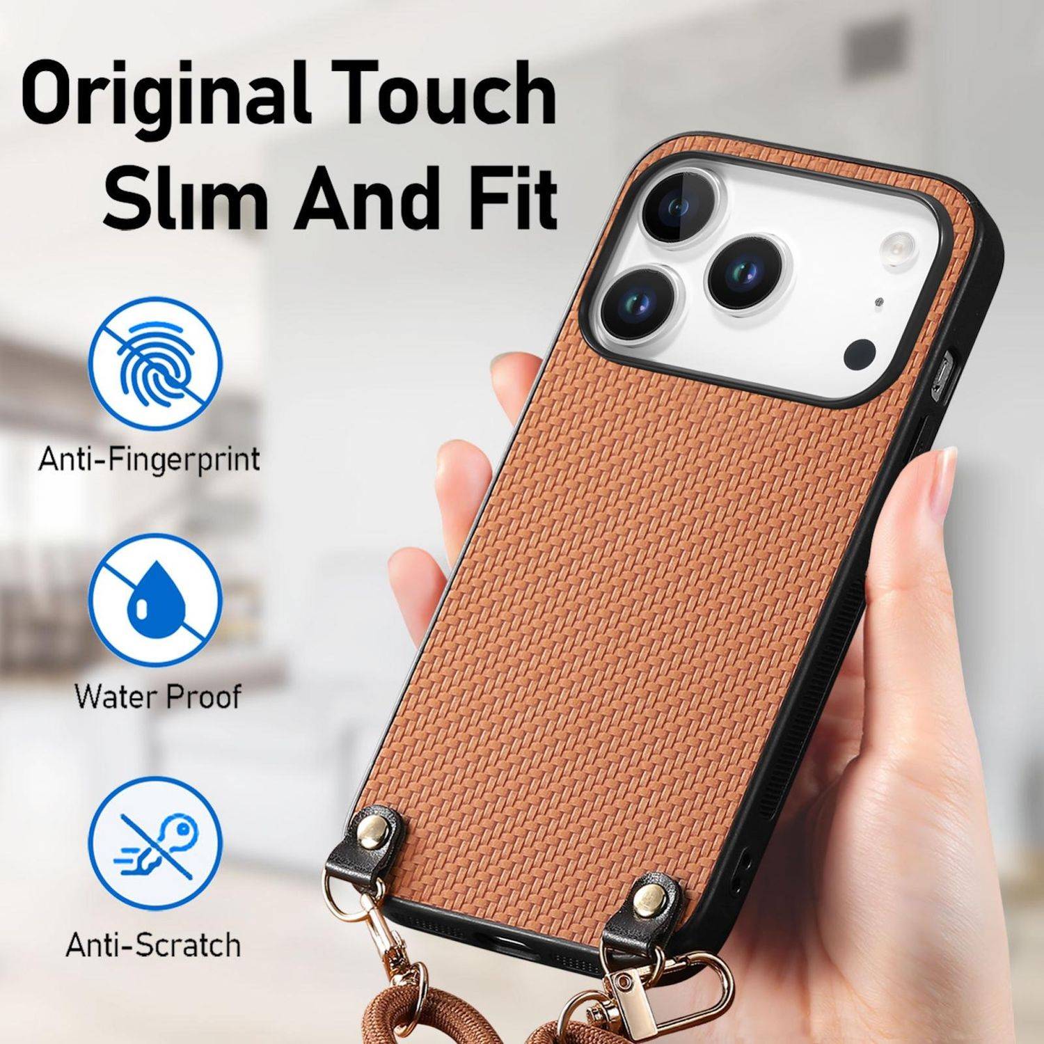Carbon Textur Design Leder Hülle mit Umhängeband Braun für Apple iPhone 17 Pro Max-4