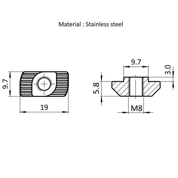 Hammermutter M8, Nut 10, mit Steg, Edelstahl, blank
