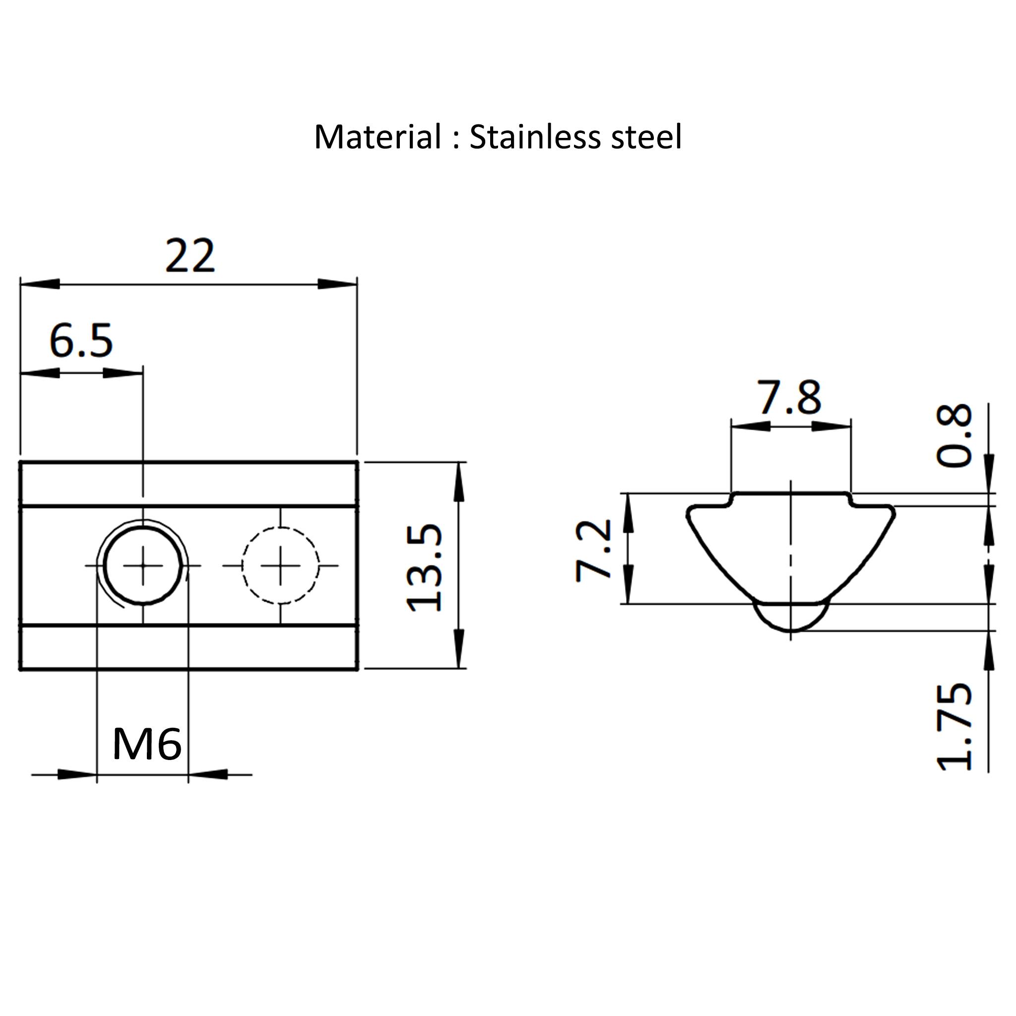 Nutenstein M6, Nut 8, Typ I, mit Steg, Edelstahl, blank-1
