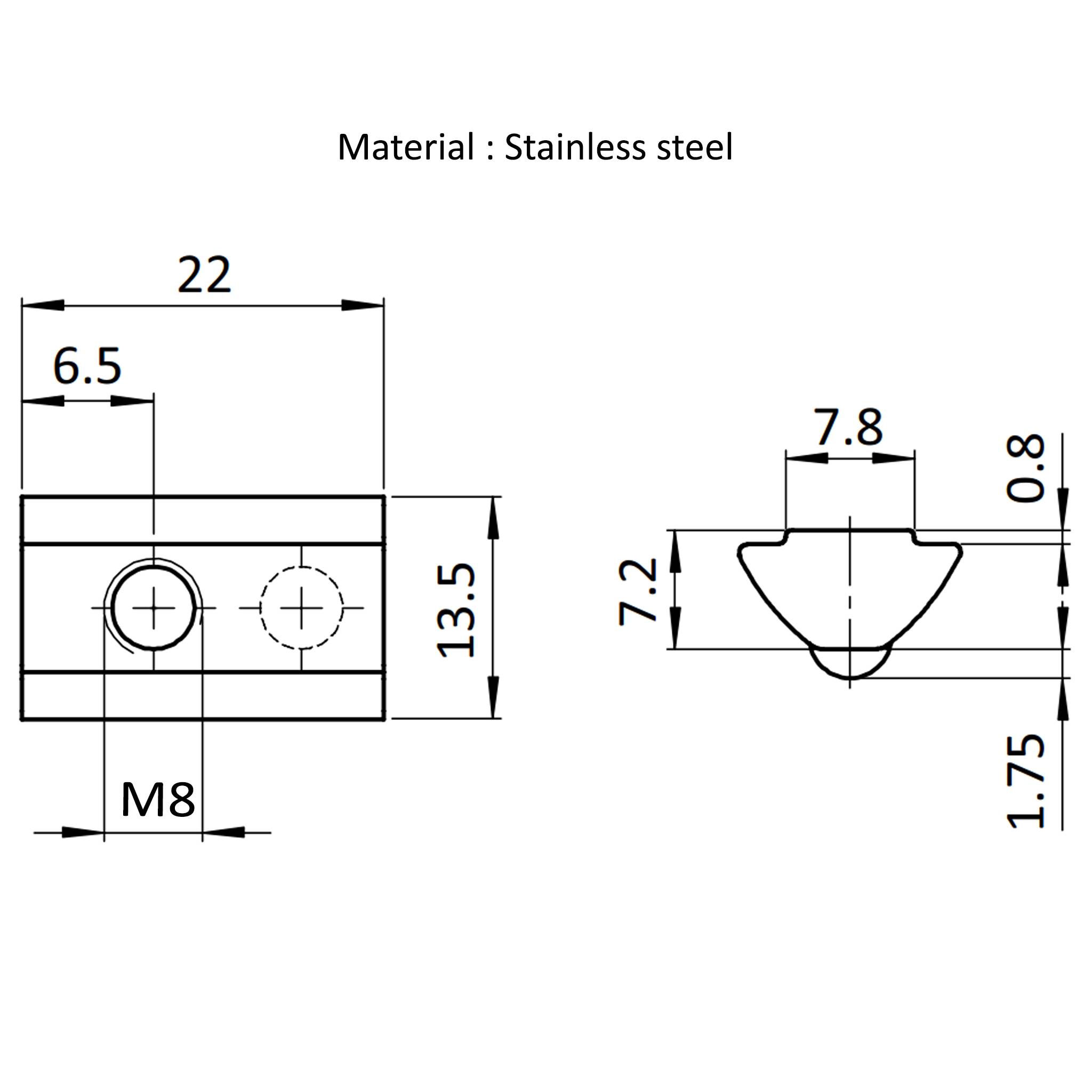 Nutenstein M8, Nut 8, Typ I, mit Steg, Edelstahl, blank-1