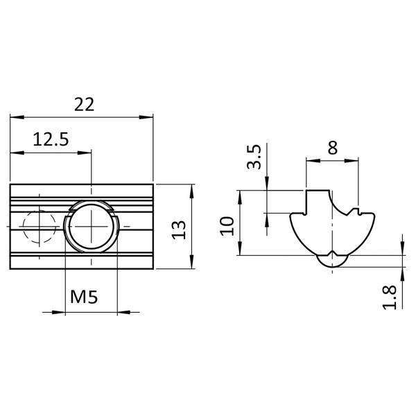 Nutenstein M5, Nut 8, mit Steg, Aluminium