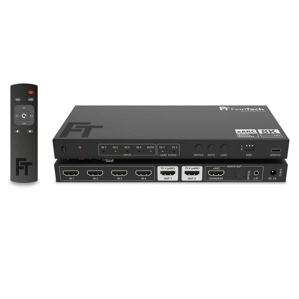 FeinTech AX341 HDMI 2.1 eARC Splitter Switch 4 In 2 Out mit Audio Extractor (eARC-Soundbar, Toslink & AUX)