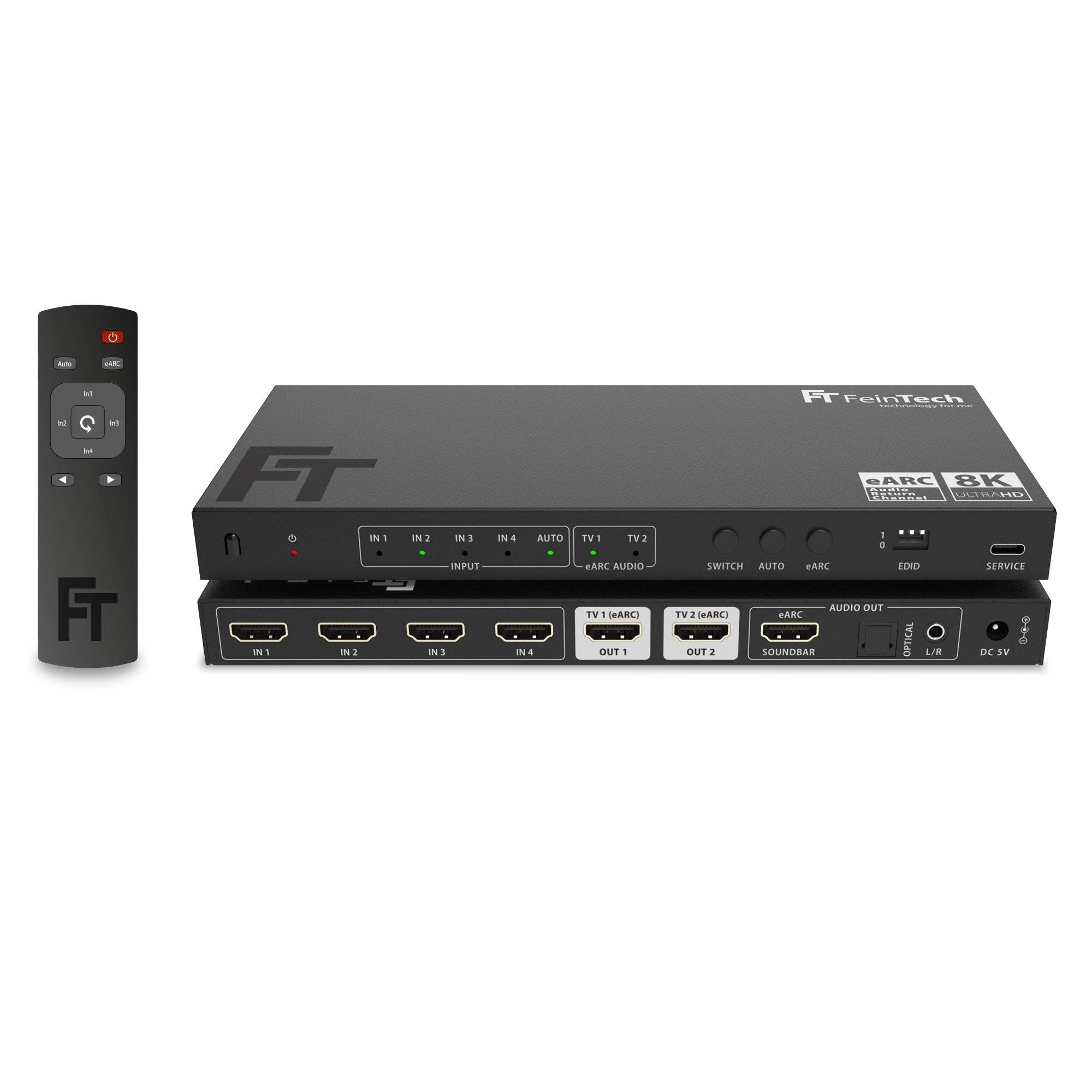 FeinTech AX341 HDMI 2.1 eARC Splitter Switch 4 In 2 Out mit Audio Extractor (eARC-Soundbar, Toslink & AUX)-0