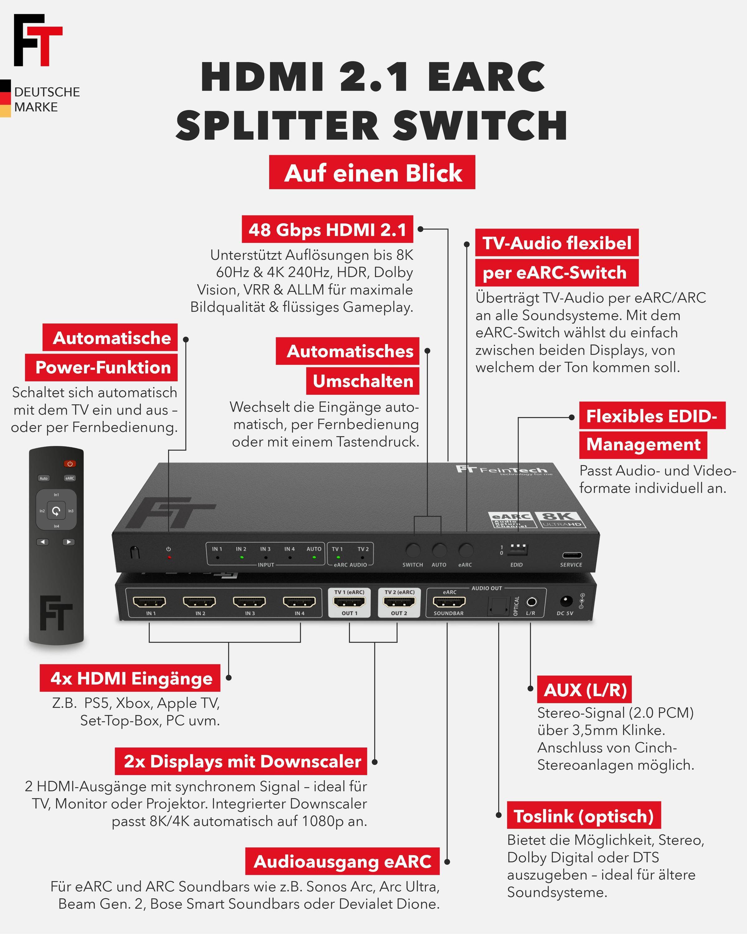 FeinTech AX341 HDMI 2.1 eARC Splitter Switch 4 In 2 Out mit Audio Extractor (eARC-Soundbar, Toslink & AUX)-4