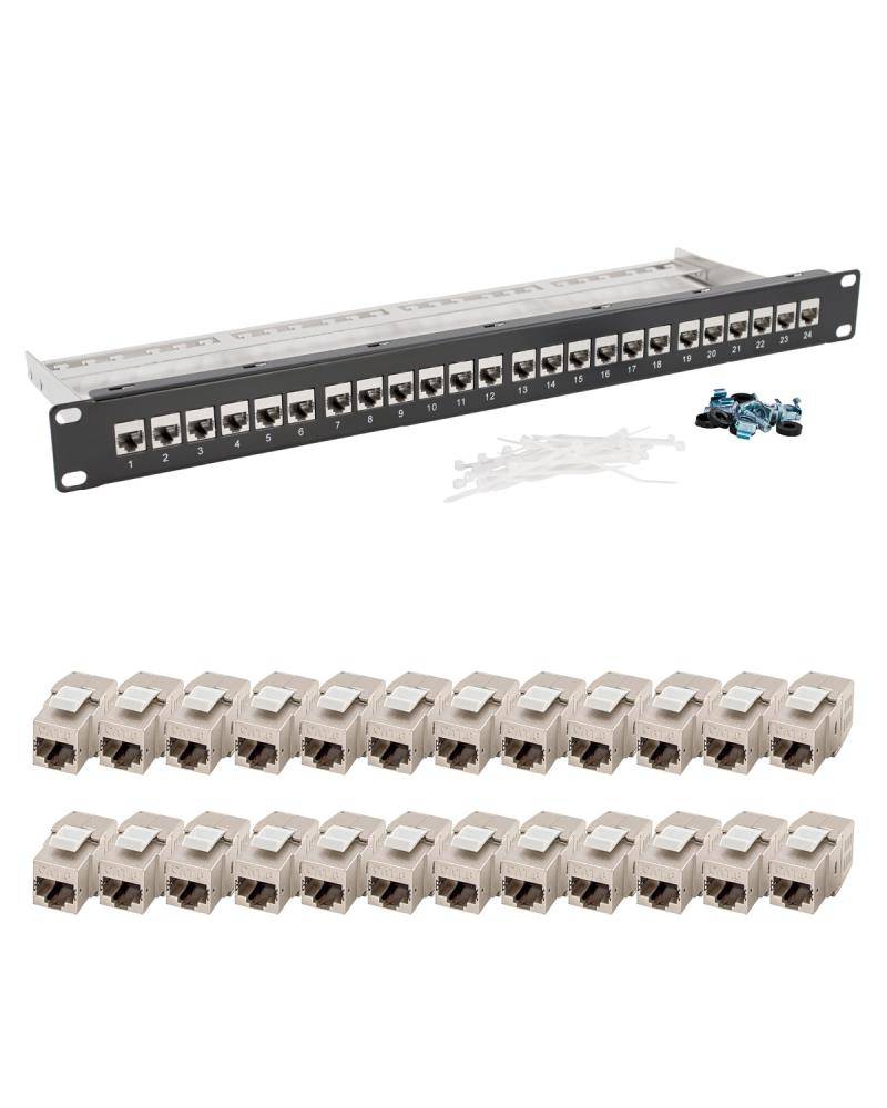 tsnetworks 24 Port Patchpanel 1HE 19 Zoll inkl. Cat. 8.1 Keystone Module RJ45 Buchse 40Gbits für Verlegekabel aller Art-0