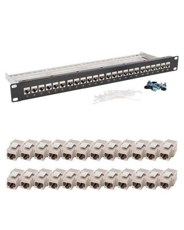 tsnetworks 24 Port Patchpanel 1HE 19 Zoll inkl. Cat. 8.1 Keystone Module RJ45 Buchse 40Gbits für Verlegekabel aller Art
