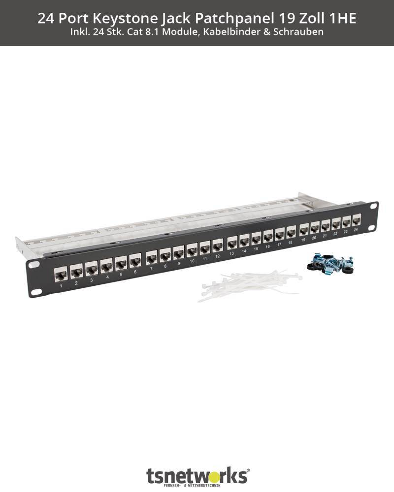 tsnetworks 24 Port Patchpanel 1HE 19 Zoll inkl. Cat. 8.1 Keystone Module RJ45 Buchse 40Gbits für Verlegekabel aller Art-1