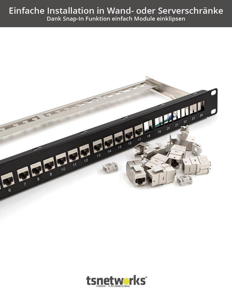 tsnetworks 24 Port Patchpanel 1HE 19 Zoll inkl. Cat. 8.1 Keystone Module RJ45 Buchse 40Gbits für Verlegekabel aller Art-3