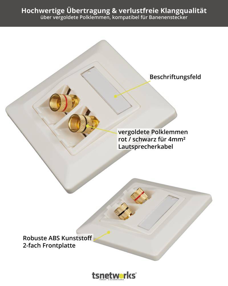 tsnetworks Bananenstecker Lautsprecher Anschlussdose mit Polklemme Keystone Modul vergoldet rot/schwarz-1