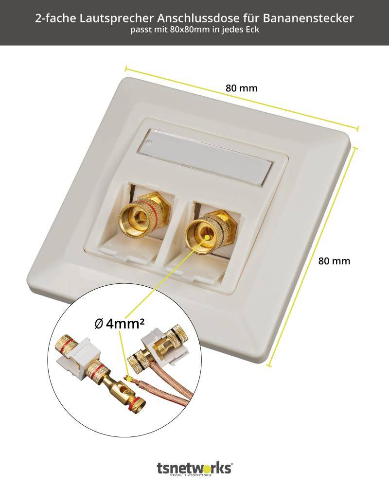 tsnetworks Bananenstecker Lautsprecher Anschlussdose mit Polklemme Keystone Modul vergoldet rot/schwarz-4