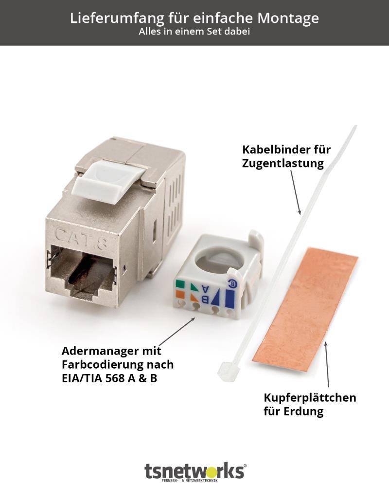 tsnetworks Cat. 8.1 Keystone Modul RJ45 Buchse 40Gbits für Verlegekabel Cat. 8, Cat. 7a, Cat. 7, Cat. 6, Cat. 6a, Cat. 5-2