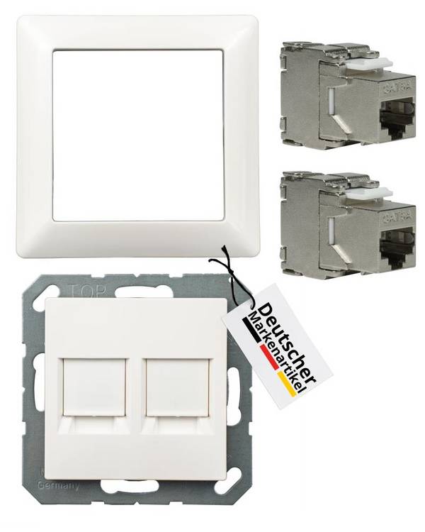 tsnetworks Keystone RJ45 Cat. 6A Modul inkl. Jung Keystone Abdeckung 2fach A1569-2WEWW & 1fach Rahmen AS581WW alpinweis