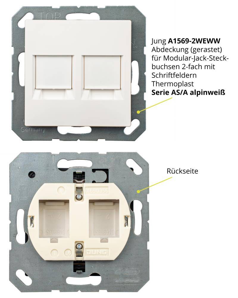 tsnetworks Keystone RJ45 Cat. 6A Modul inkl. Jung Keystone Abdeckung 2fach A1569-2WEWW & 1fach Rahmen AS581WW alpinweis-2